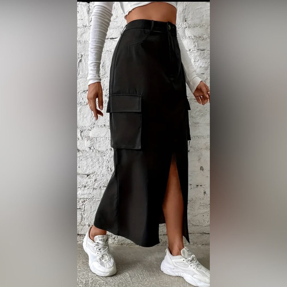 Black Maxi Utility Skirt with Slit